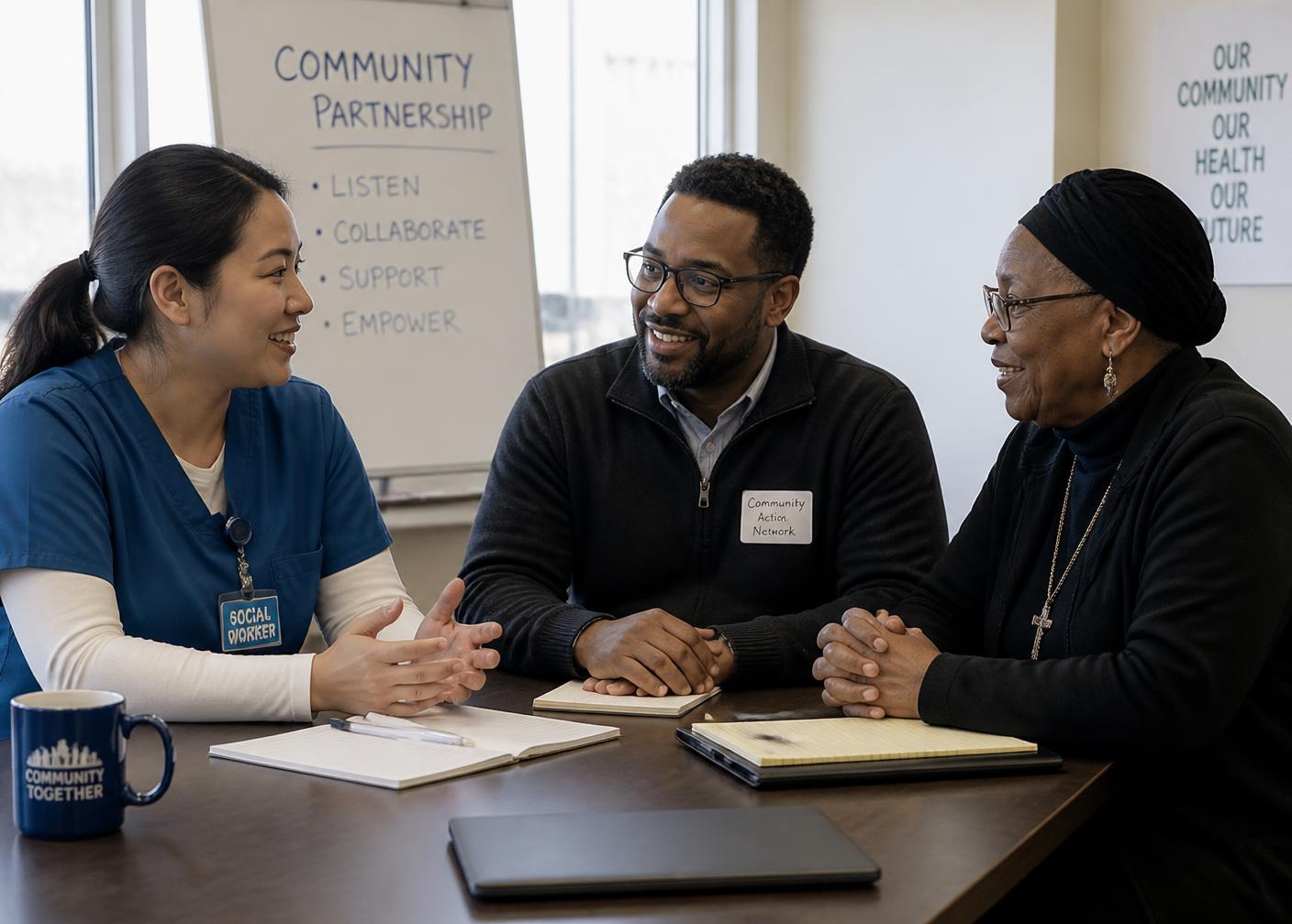 A hospital social worker, nonprofit staff member, and faith leader meeting around a table