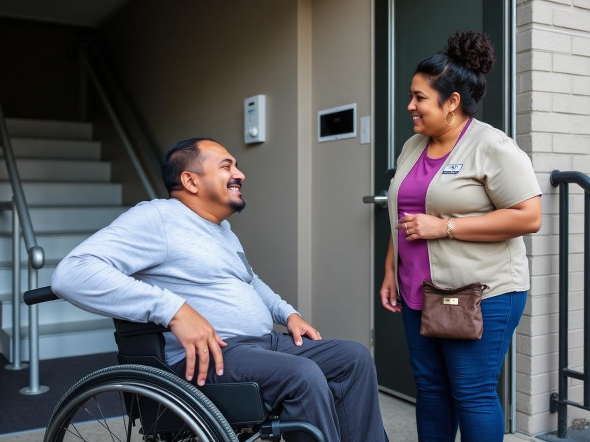A man using a wheelchair speaking with a staff member at an accessible home entrance