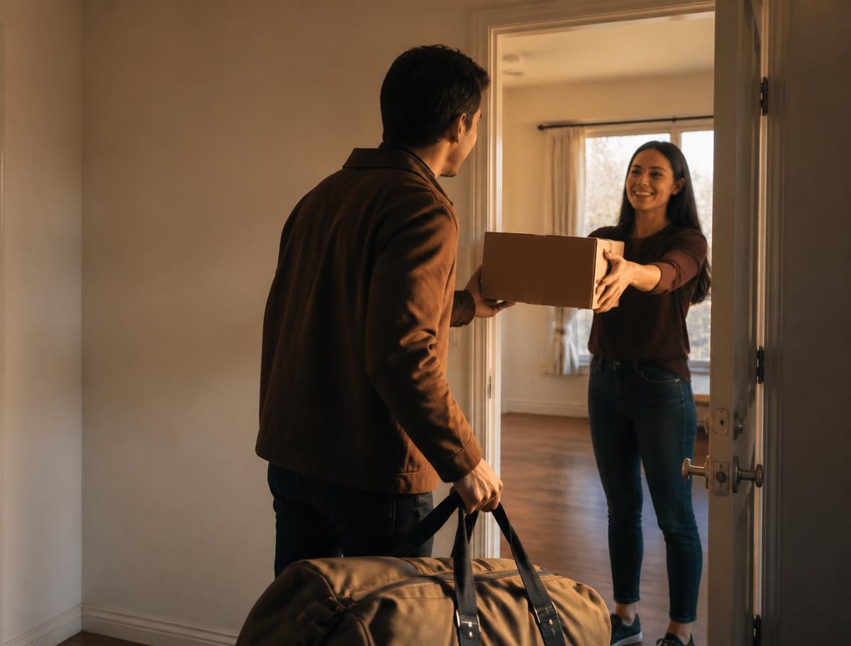 An adult carrying a bag toward the front door of a residential home