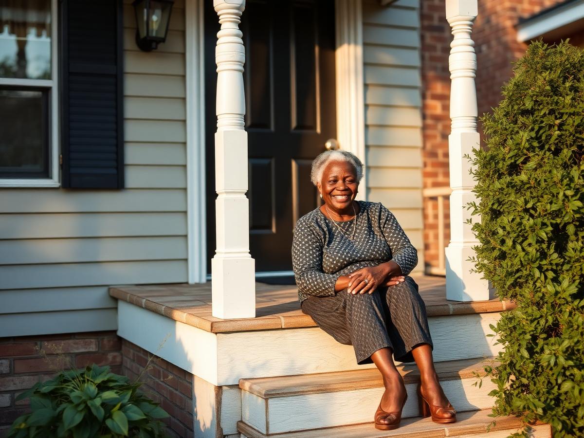 An older woman smiling on the front steps of a Maryland residential home